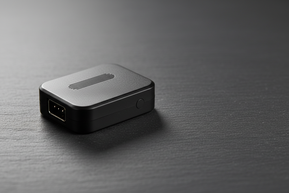 GPS motorcycle tracker CJ780 compact black ABS device on dark slate surface with soft studio lighting