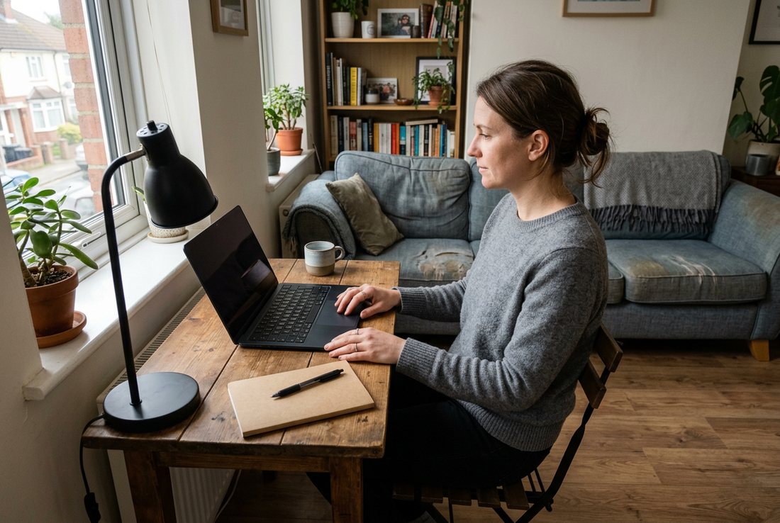 A person seated at a compact wooden desk with a laptop and lamp beside a living room sofa