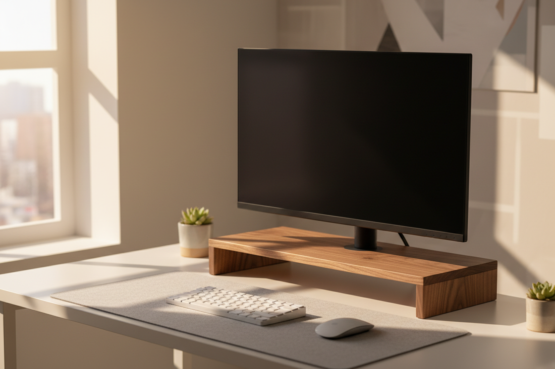 Best wooden monitor risers for home office - walnut desk riser natural wood aesthetic