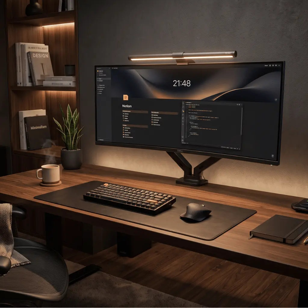 Minimalist dark wood desk setup with zero cable clutter and a mechanical keyboard