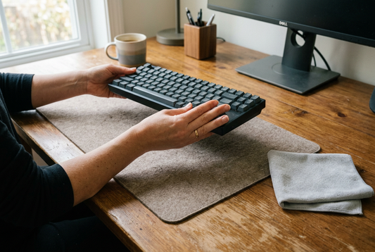 Hands lifting a keyboard from a taupe desk mat before cleaning a home office desk