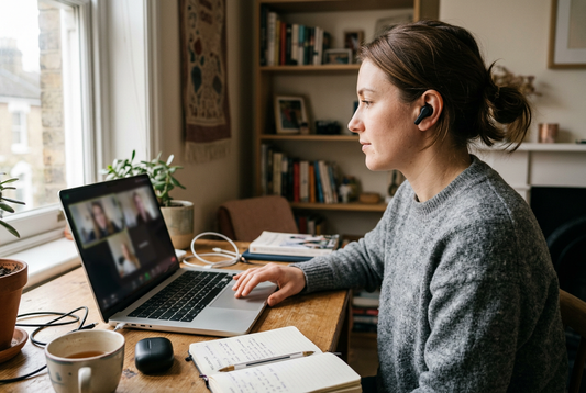 A remote worker wearing a black wireless earbud at a home desk with an open laptop