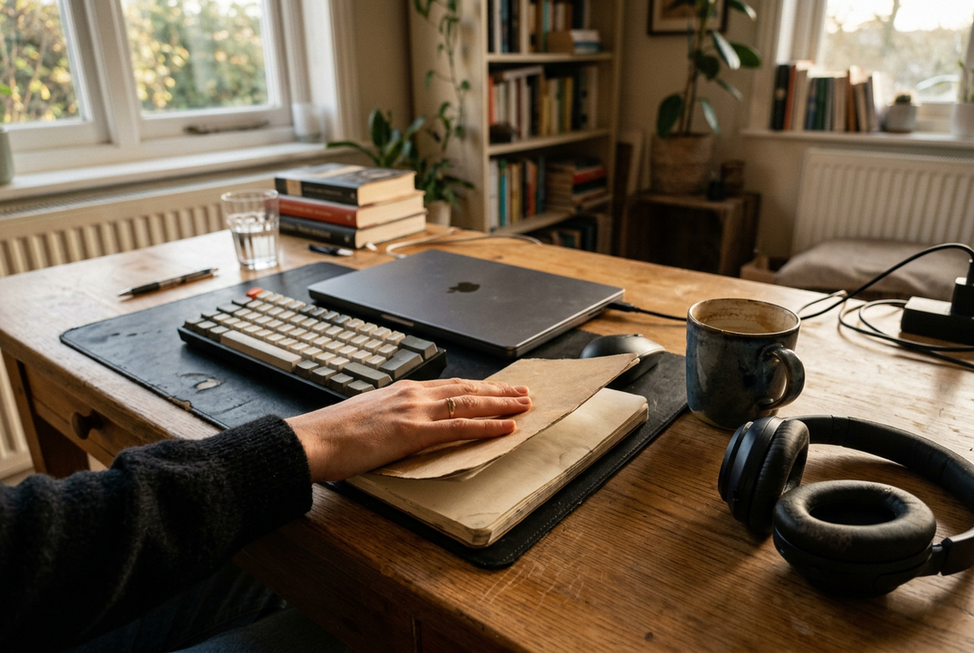 A hand closes a notebook on a home office desk beside a laptop, keyboard, and headphones.
