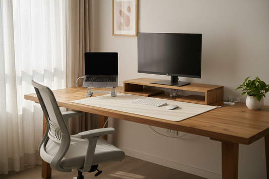 Ergonomic desk setup checklist for home office - monitor riser, laptop stand, cable management