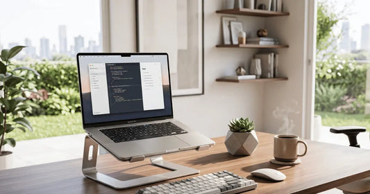 A modern, clean workspace featuring a sleek aluminum laptop stand and external keyboard.