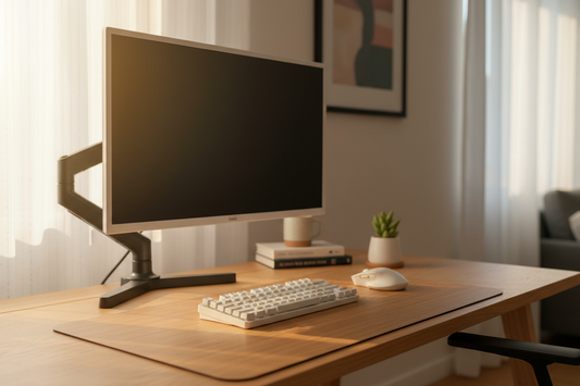 Minimal ergonomic home office desk setup with monitor arm, wireless keyboard, and wooden desk pad in natural light