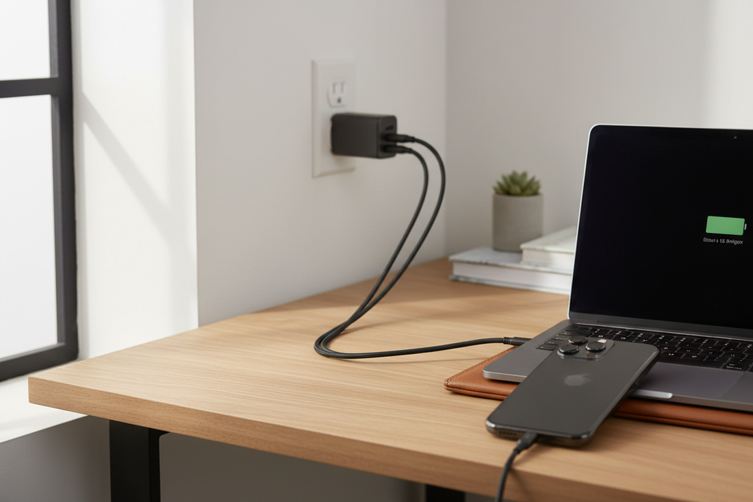 Compact GaN charger charging a MacBook and iPhone simultaneously on a modern desk in 2026
