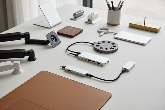 Flat lay of best USB-C hubs and monitor arms for desk setup 2026 – PoGadgets Buying Guide
