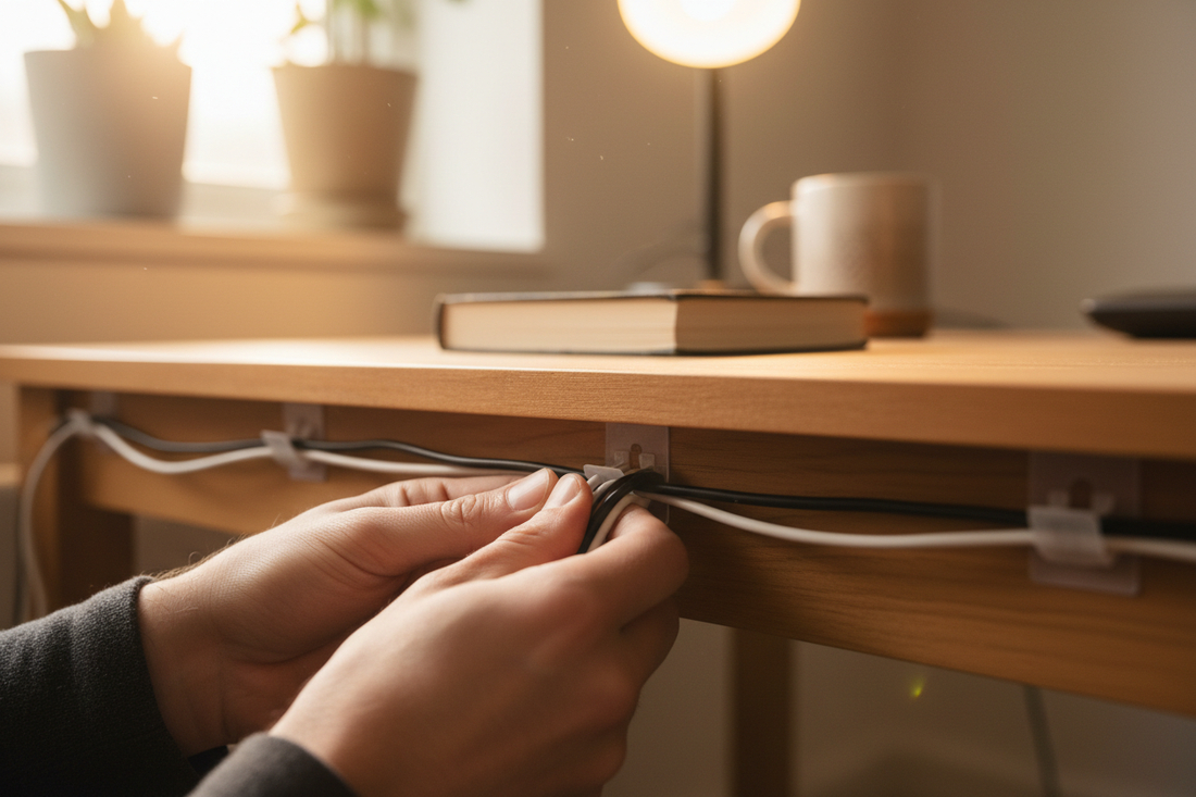 Hands routing cables neatly under a wooden desk using adhesive cable clips – desk cable management tips 2026
