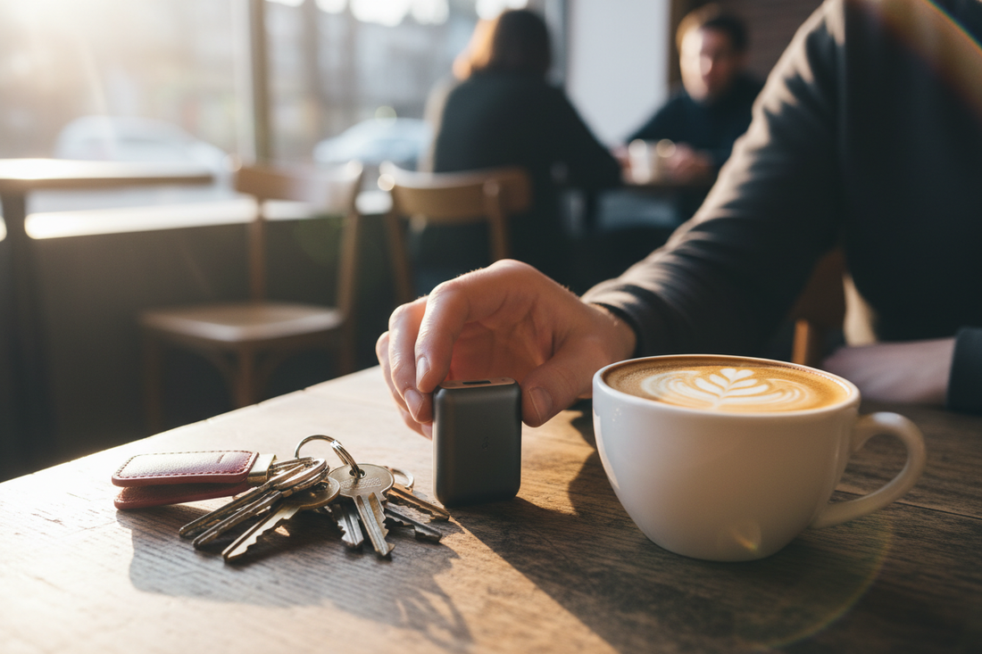 Tiny keychain power bank on a set of keys at a cafe table with coffee – best emergency chargers 2026