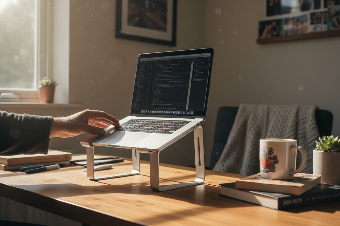 Hand adjusting an aluminum laptop stand on a home desk with MacBook Pro – Laptop Stand vs Riser Guide 2026