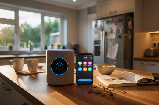Smart home hub on kitchen counter next to smartphone showing home automation app – Matter 1.4 news 2026