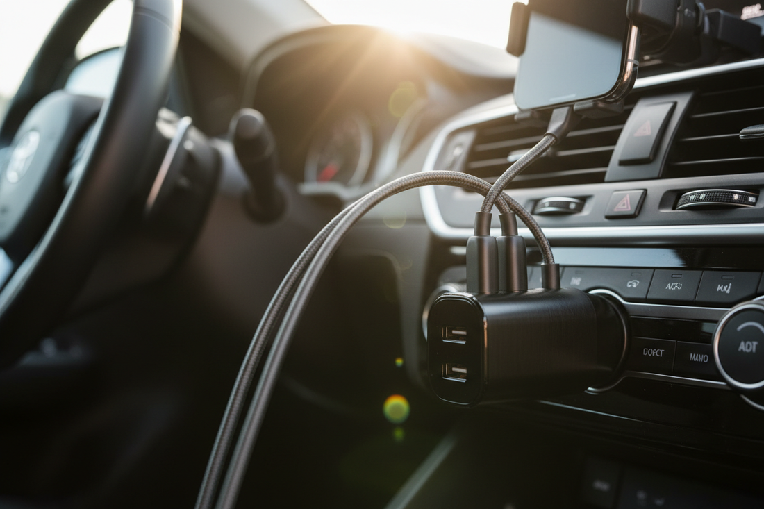 Best multi-port USB-C GaN car charger plugged into dashboard 12V socket in 2026