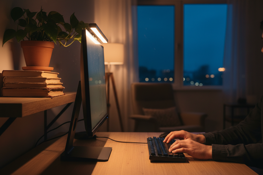 Home office desk with screen bar light on monitor casting warm glow on keyboard – office lighting setup guide 2026