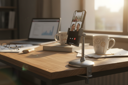 360-degree rotating phone holder on wooden desk holding smartphone during video call – best phone holders 2026