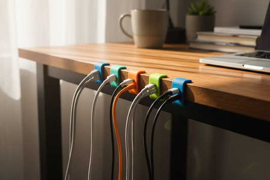 Colorful silicone cable clips organizing charging cables along the edge of a wooden desk – cable management tips 2026