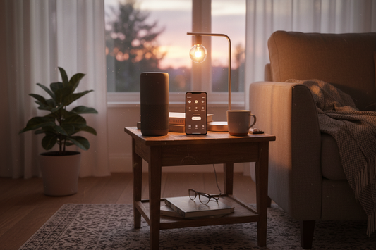 Cozy living room with smart speaker, smart bulb lamp and phone showing home automation app – Best Smart Home Gadgets 2026