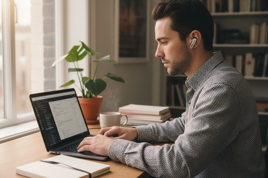 Person wearing wireless earbuds working at a home office desk with laptop – Best Earbuds for Remote Workers 2026