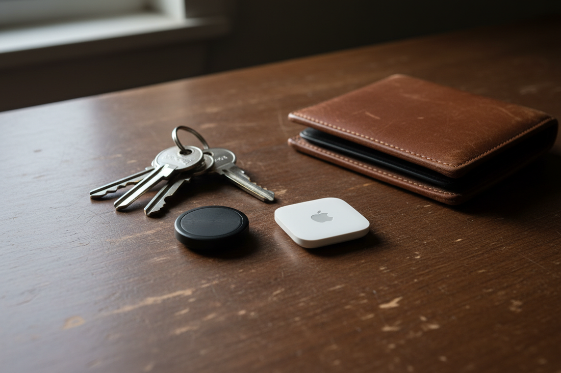 Bluetooth tracker tags next to keys and wallet on a wooden desk — best key finders 2026