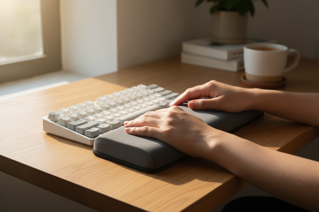Memory foam wrist rest in front of a mechanical keyboard on a minimal wooden desk setup