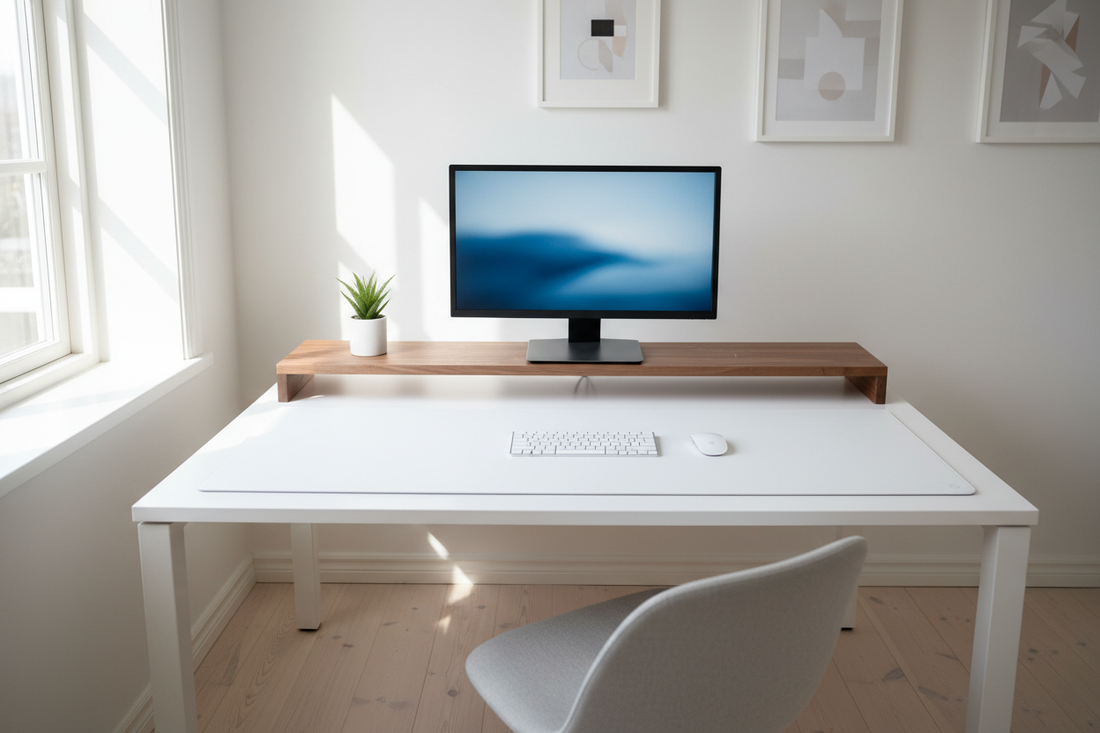 Minimal desk setup ideas for home office - walnut monitor riser, clean cables, white desk mat