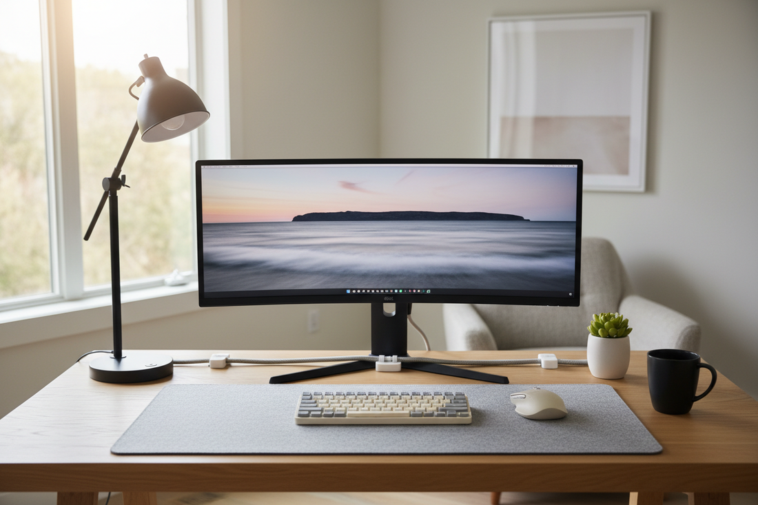 Modern home office desk setup with monitor, keyboard, and accessories in 2026
