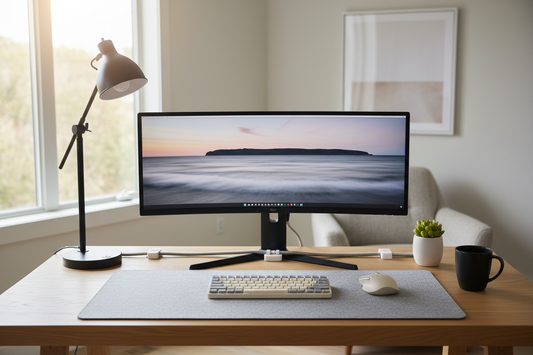 Modern home office desk setup with monitor, keyboard, and accessories in 2026