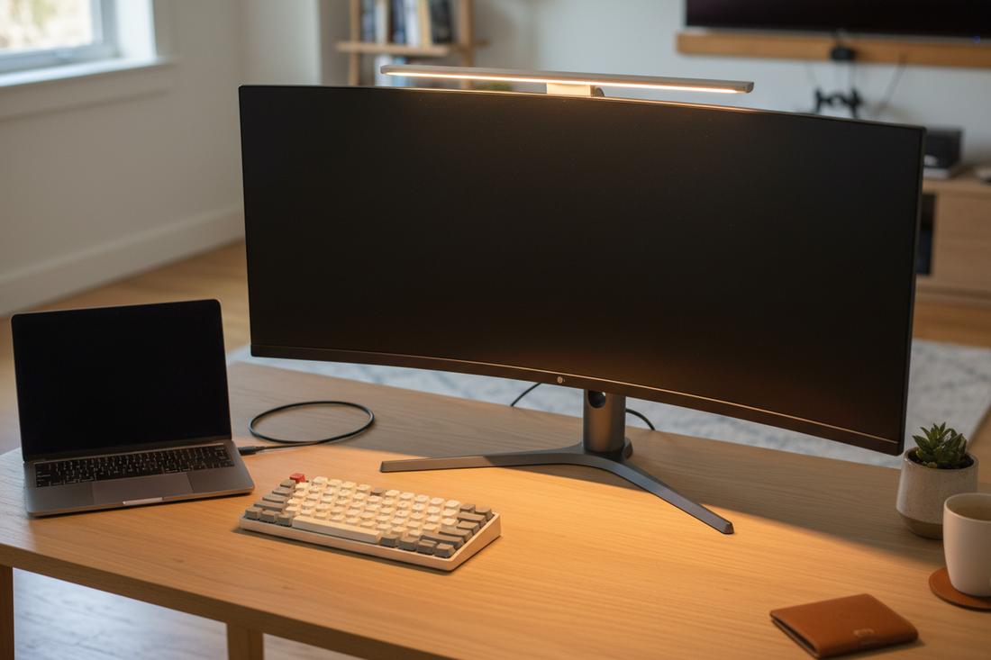 Monitor light bar on ultrawide monitor illuminating a minimal wooden desk setup