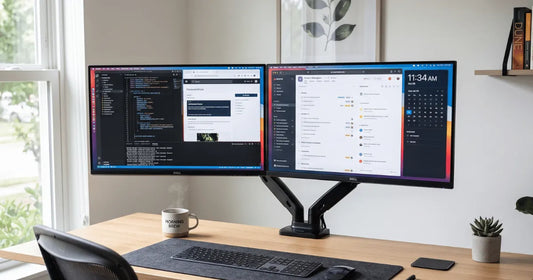 A clean and highly organized practical workspace setup featuring a dual monitor mount, wooden desk, and zero cable clutter for maximum productivity.