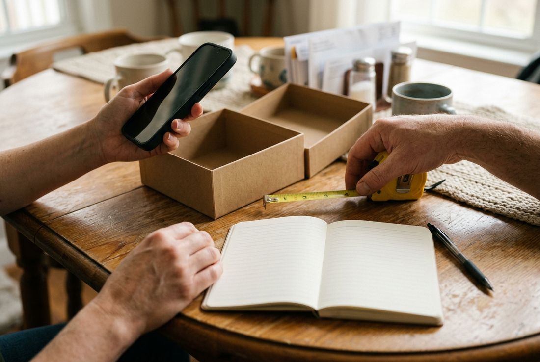 Hands comparing a phone and measuring tape beside open gift boxes and a notebook on a home table