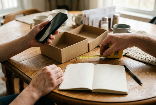 Hands comparing a phone and measuring tape beside open gift boxes and a notebook on a home table
