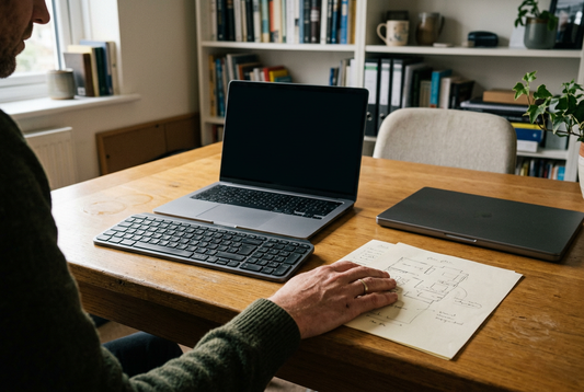 A person planning a home desk with one open laptop, one closed laptop, and an external keyboard