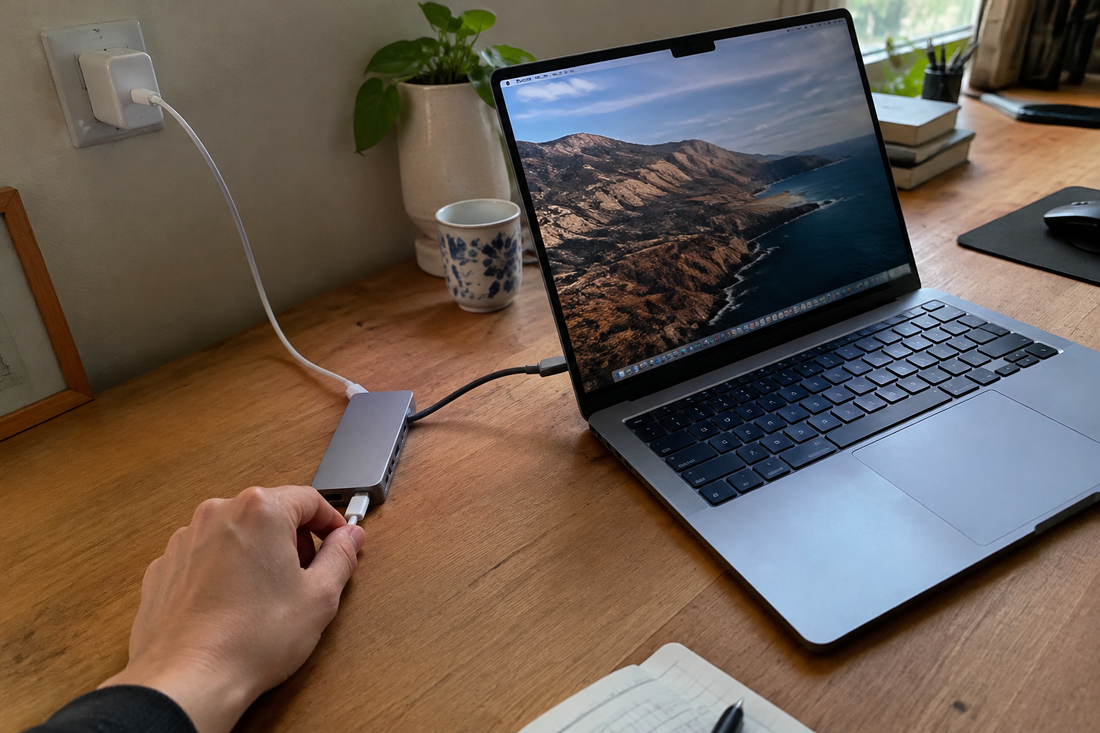 Hand checking a USB-C hub connection beside a laptop on a home office desk