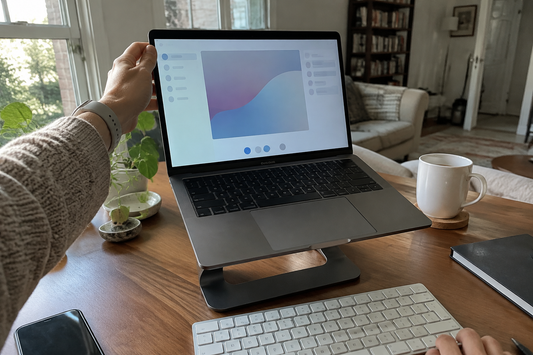 Hand adjusting a laptop on a stand at a home desk prepared for video calls