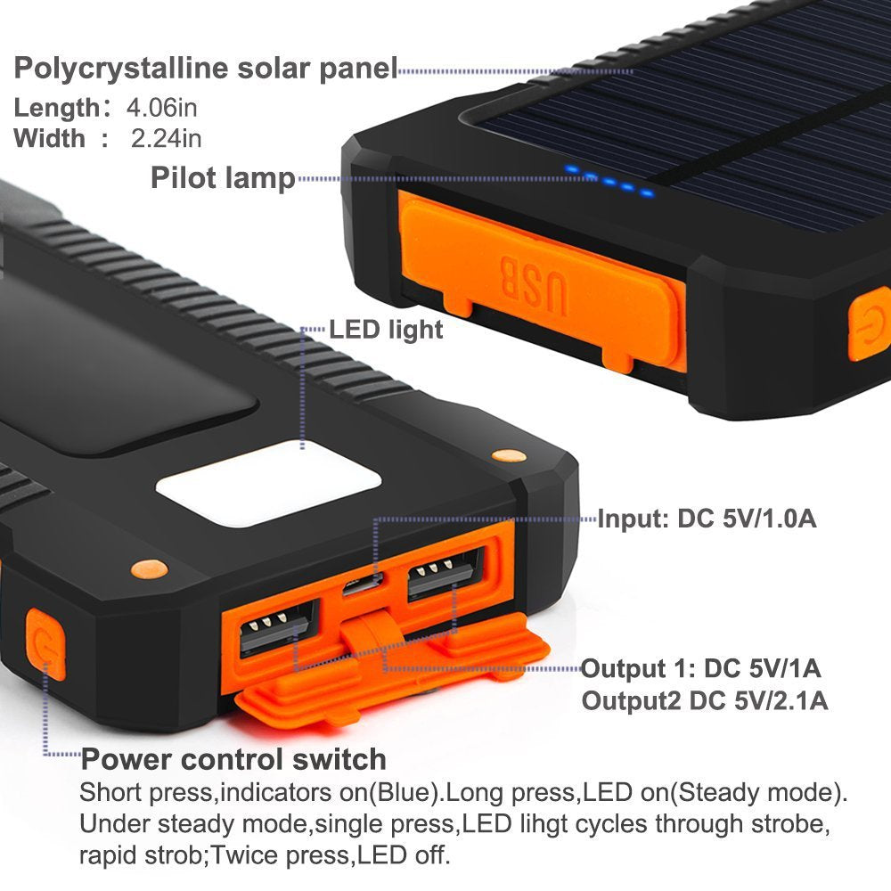 Solar Power Bank 20000mAh Waterproof with LED Light