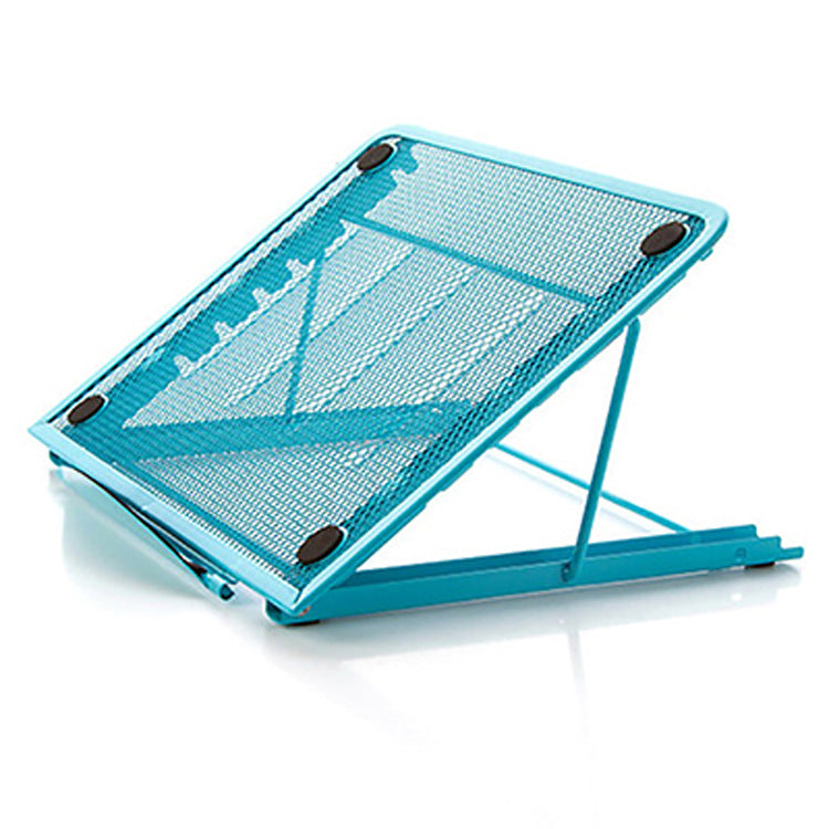 View of the four anti-slip soft pads on the base of the foldable iron laptop stand blue