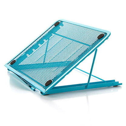 View of the four anti-slip soft pads on the base of the foldable iron laptop stand blue