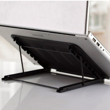 The colorful iron laptop stand in its compact, folded state for easy storage