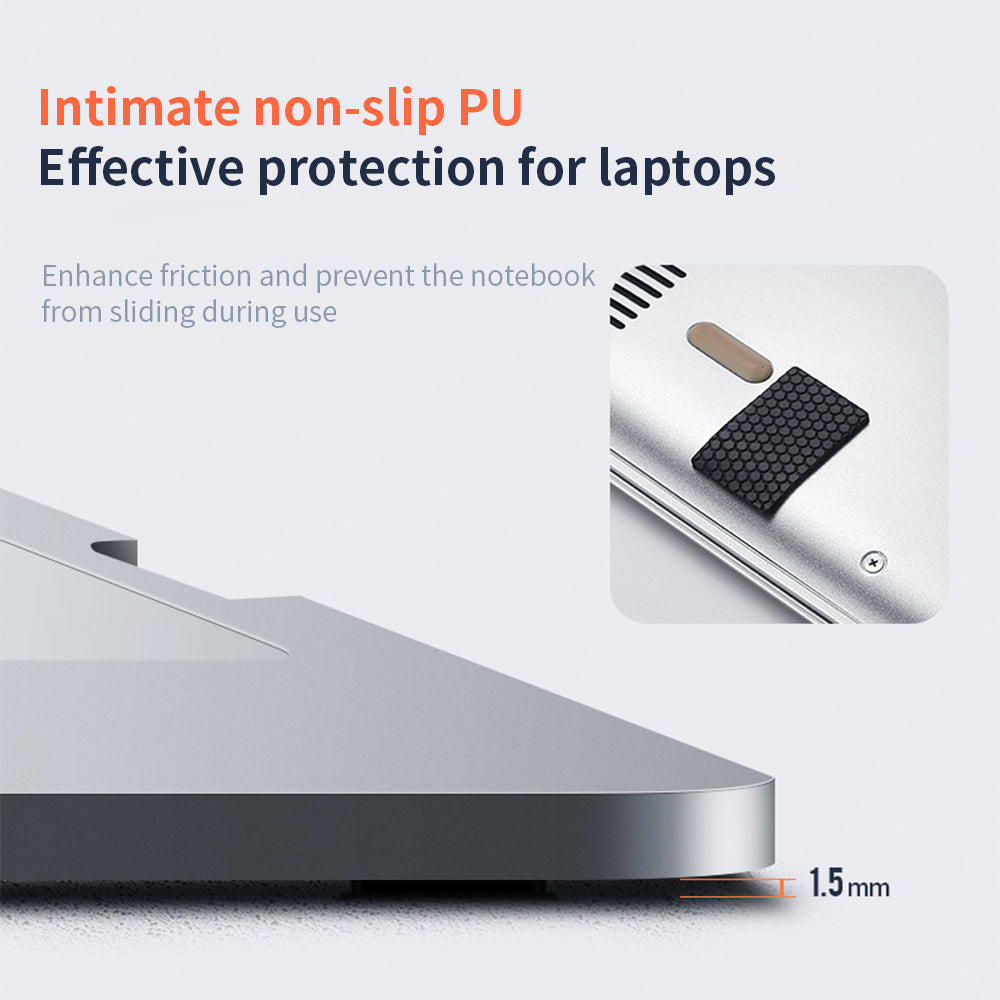 Close-up of premium non-slip silicone pads on laptop cooling feet for maximum desk stability and device protection