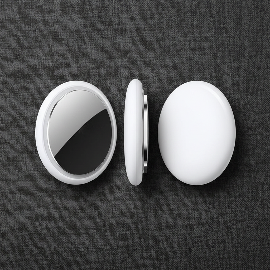 White Bluetooth key finder tracker disc showing front, side, and rear views on dark charcoal surface