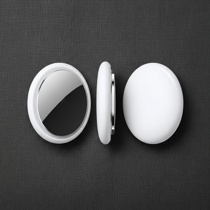 White Bluetooth key finder tracker disc showing front, side, and rear views on dark charcoal surface