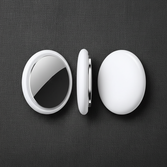 White Bluetooth key finder tracker disc showing front, side, and rear views on dark charcoal surface