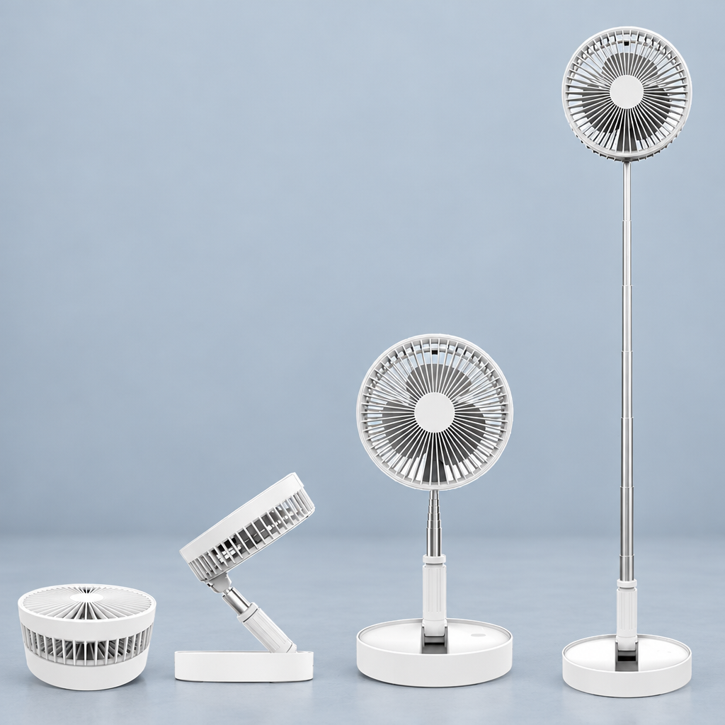Portable retractable USB fan in white shown folded, tilted, and at two heights against a blue-gray background