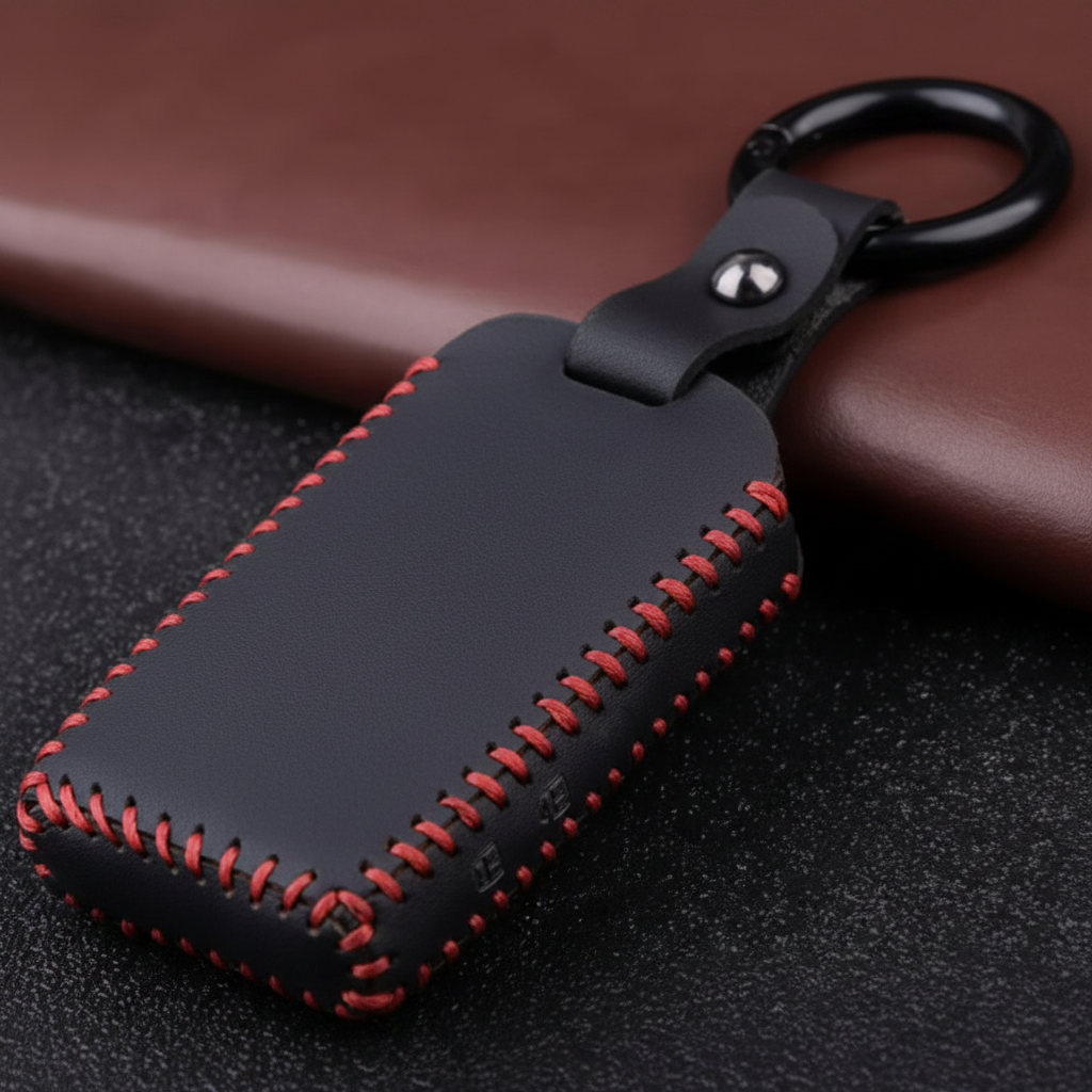 Black leather car key fob case with red contrast stitching and metal key ring on dark slate surface