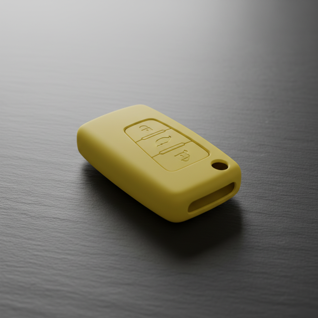 Yellow silicone car key case cover on dark slate surface, studio lighting, top-down 3/4 angle