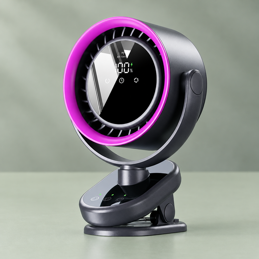 Portable USB clip-on fan with a dark gray body, rose-red rim, and digital display on a pale green desktop