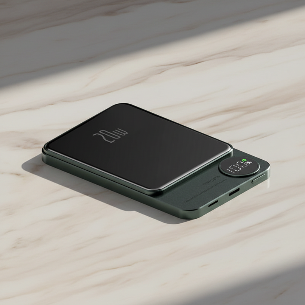 Ultra-thin metal power bank with 20W wireless fast charging, circular LED battery display, dark green alloy shell on marble surface
