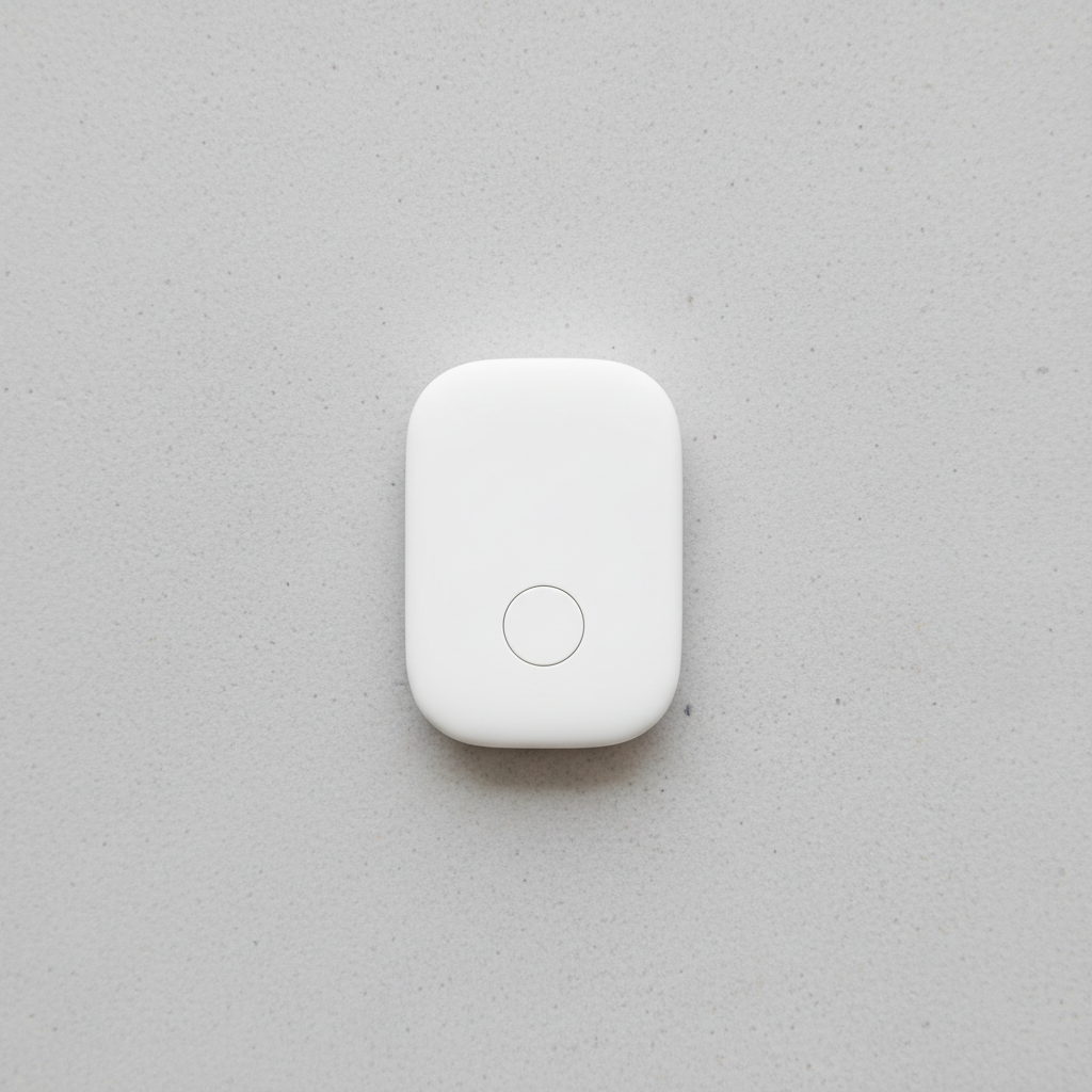 White Bluetooth item finder tracker tag on light grey concrete surface, compact 27x44mm rounded rectangular form, single button face, studio lighting