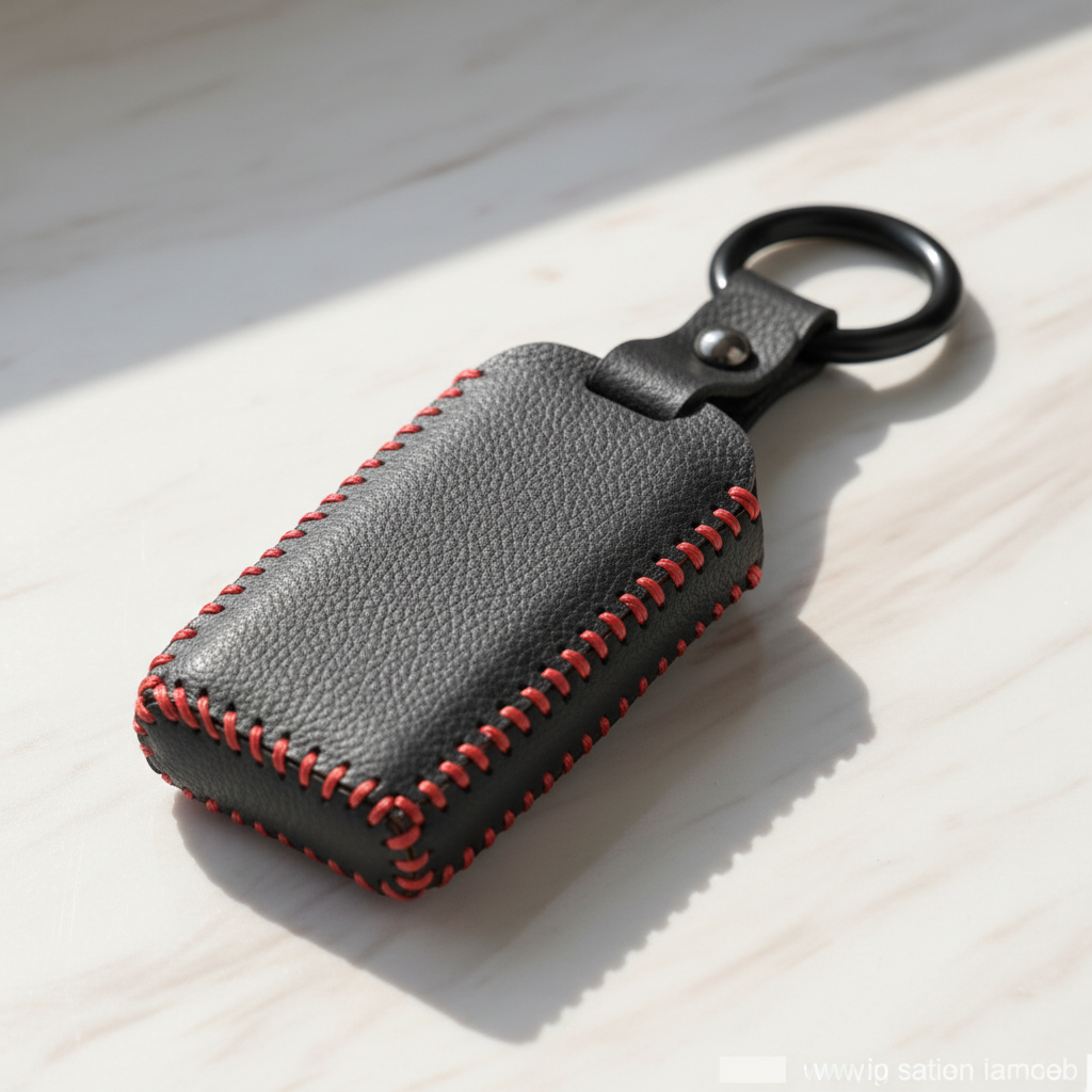 Black leather car key fob case with red contrast stitching and metal key ring on white marble surface