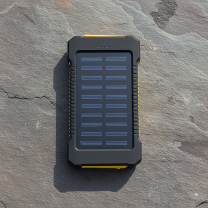 Rugged yellow and black solar power bank 20000mAh with multi-cell solar panel, LED indicator, and reinforced corner bumpers on slate surface